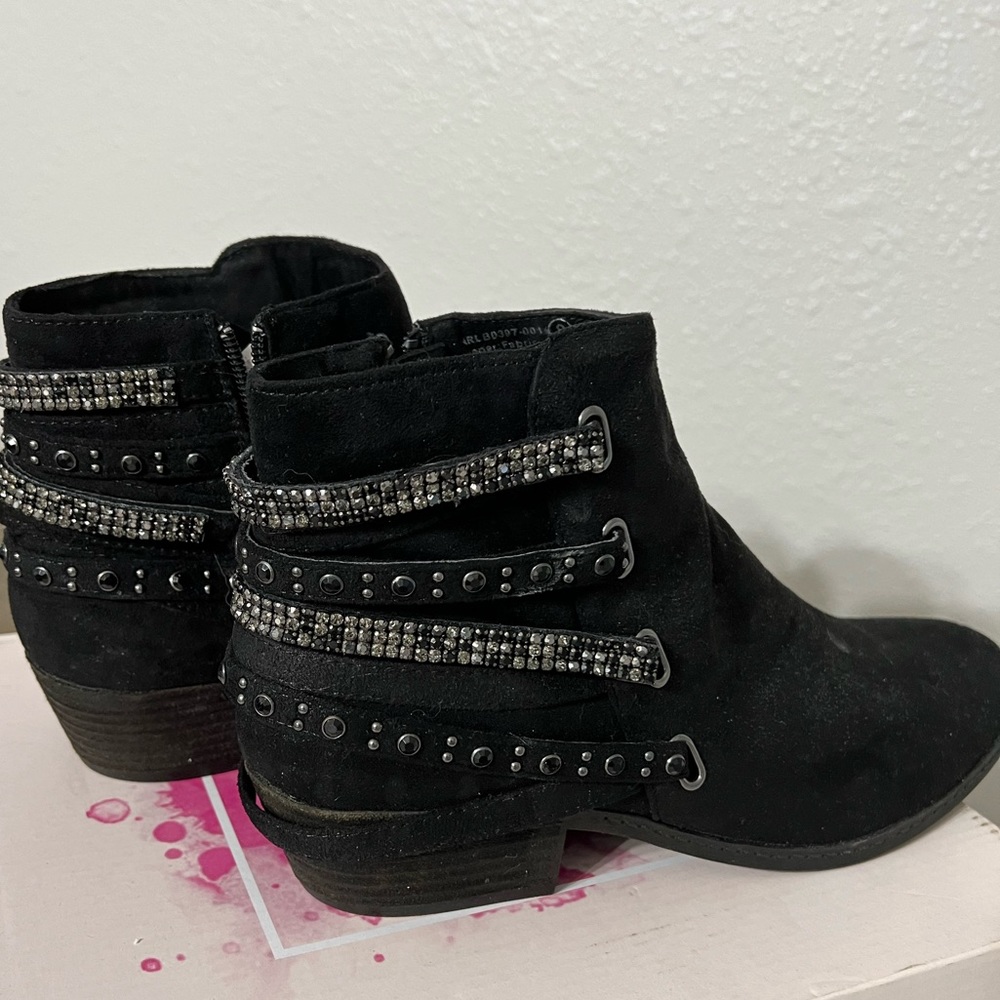 Black Suede Booties with Rhinestone Straps